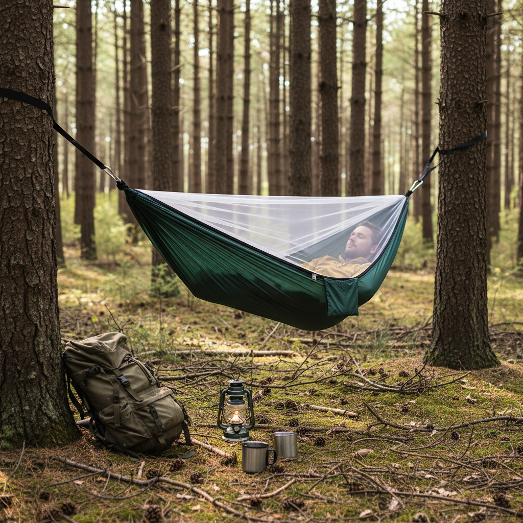 🏕️ Camping Hammock | Durable Fabric Campsite | Camper-Gift Mosquito-Net Comfort