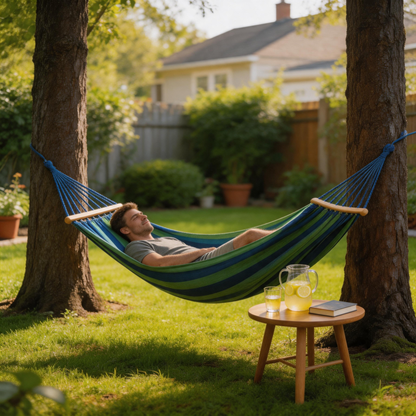 🌲 Outdoor Hammock | Woven Fabric Camp Gift | Striped Comfort